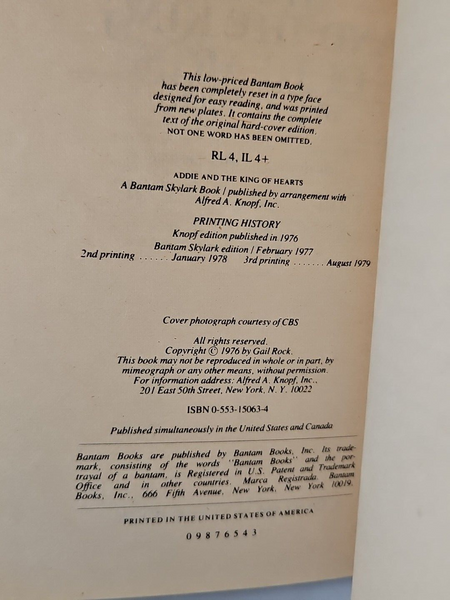 Addie and The King Of Hearts by Gail Rock (1979) 3rd Printing Bantam Paperback