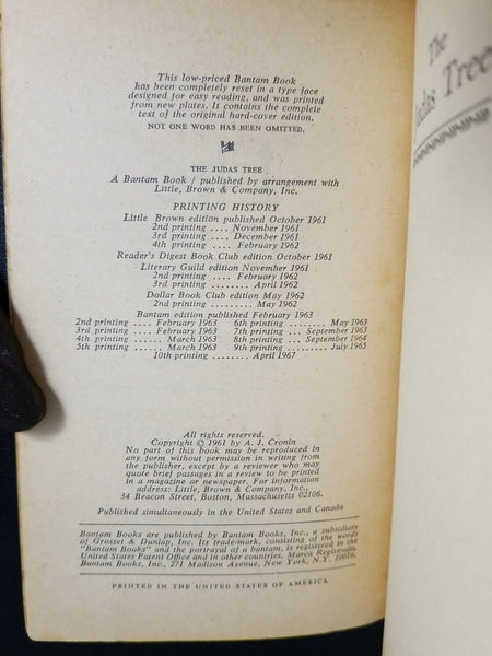The Judas Tree by A. J. Cronin (1967) 10th Printing Bantam Paperback