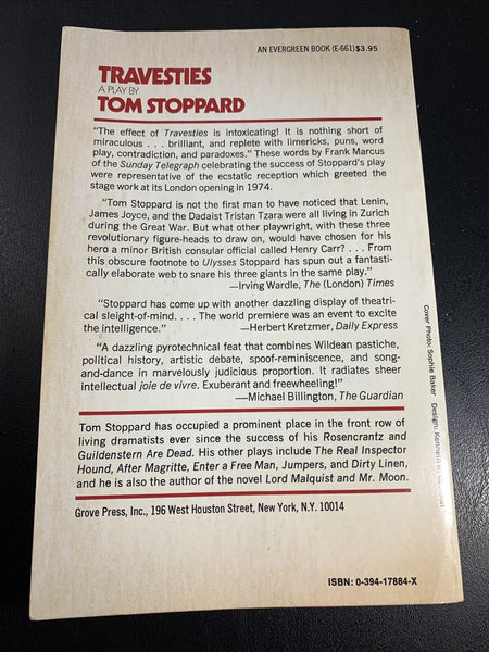 Travesties, a Play by Tom Stoppard (1984) 9th Printing Evergreen E-661 Paperback