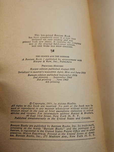 The Genius and the Goddess by Aldous Huxley (1963) 4th Printing Bantam Paperback